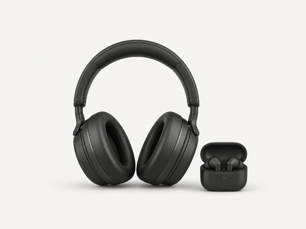 Over-ear headphones beside wireless earbuds in a charging case