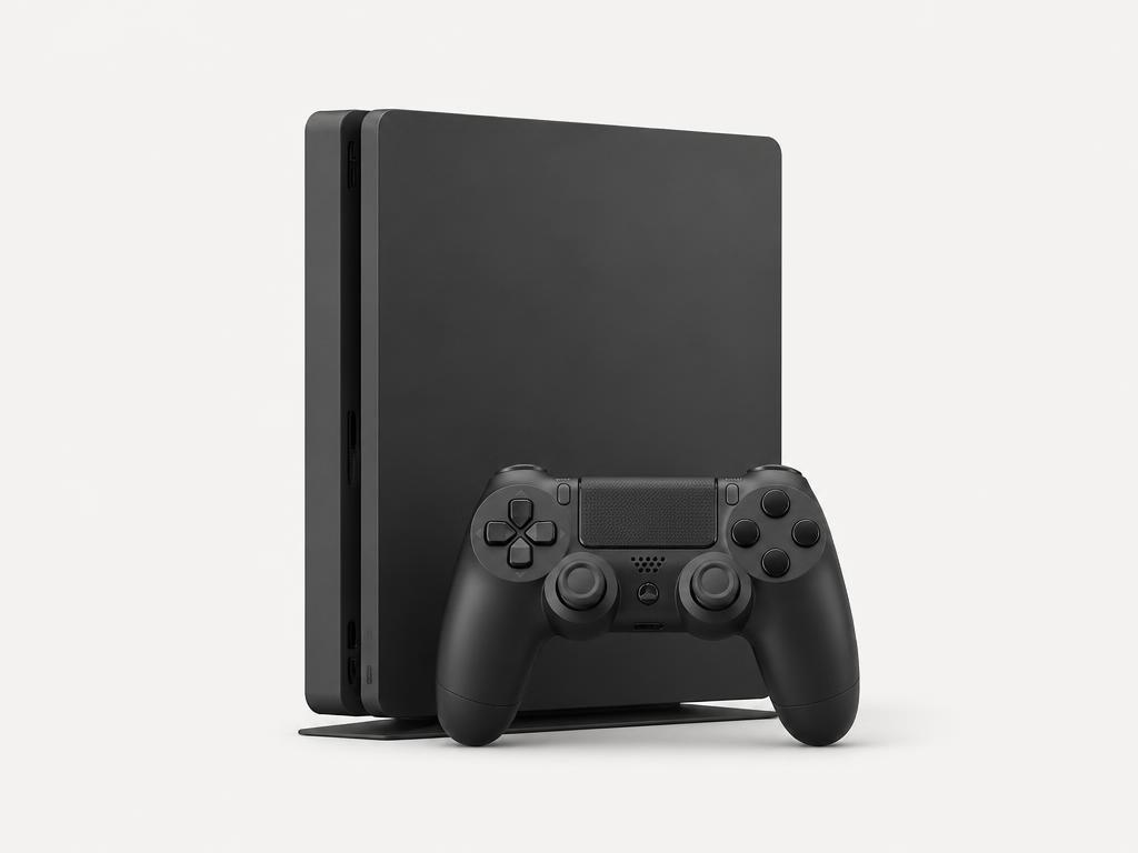 Slim game console with a controller resting against it