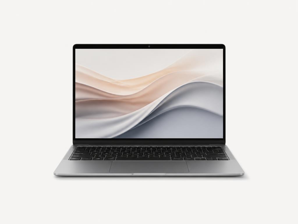 Open thin-and-light notebook computer on a flat studio background