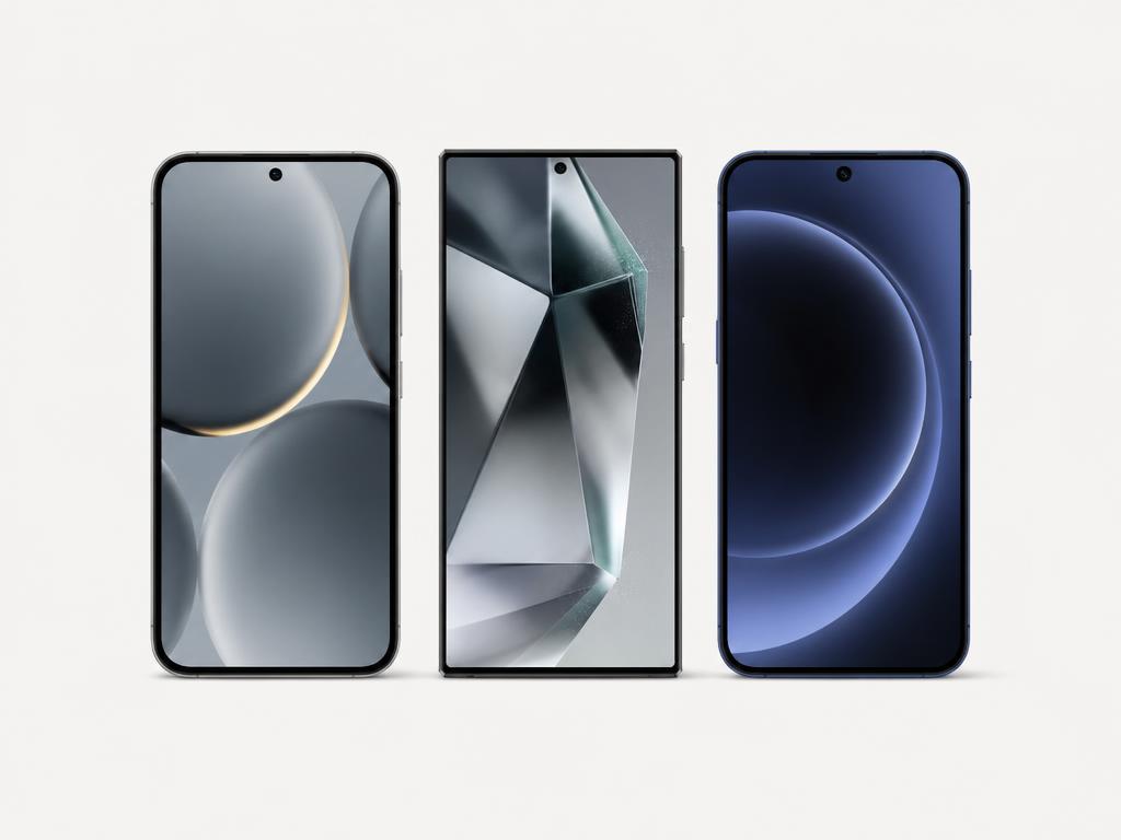 Three unlocked smartphones standing upright on a flat studio background