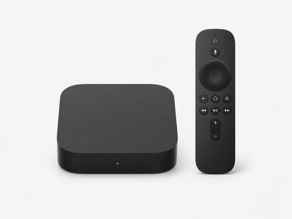 Streaming media player box beside a slim remote control