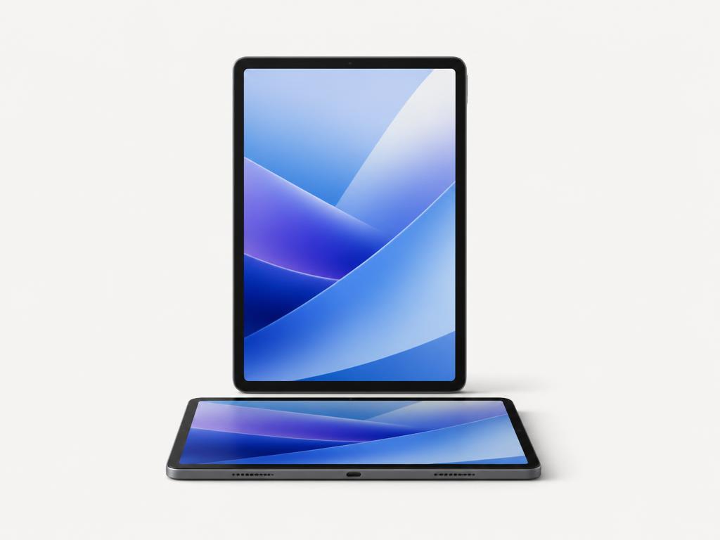 Two tablets, one upright and one flat, on a flat studio background