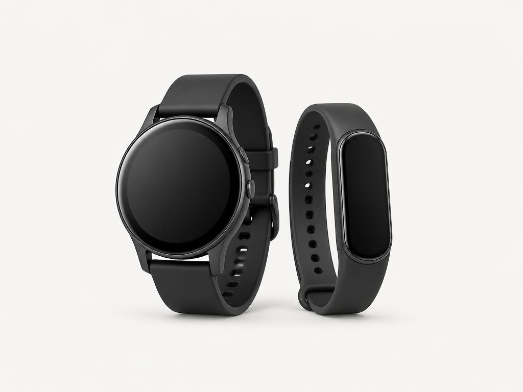 Smartwatch and fitness band on a flat studio background